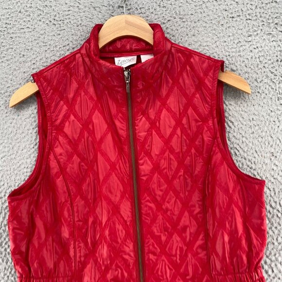 Chicos Jacket Womens 0 US Small Red Textured Diamond Vest Sleeveless Zip Pockets - Picture 2 of 10